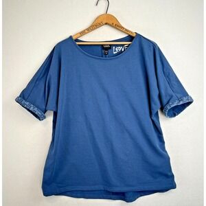 ULLA POPKEN Top Size 16 18 Blue Fleece Knit Short Contrast Cuffed Sleeve